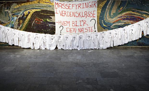 Staff and students at the Faculty of Life protested cutbacks back in January. The banner says 'World class mass layoffs: Who is next?'