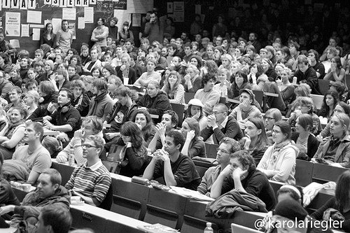 Inside the Audimax at the University of Vienna on 29 October, at the start of the protest