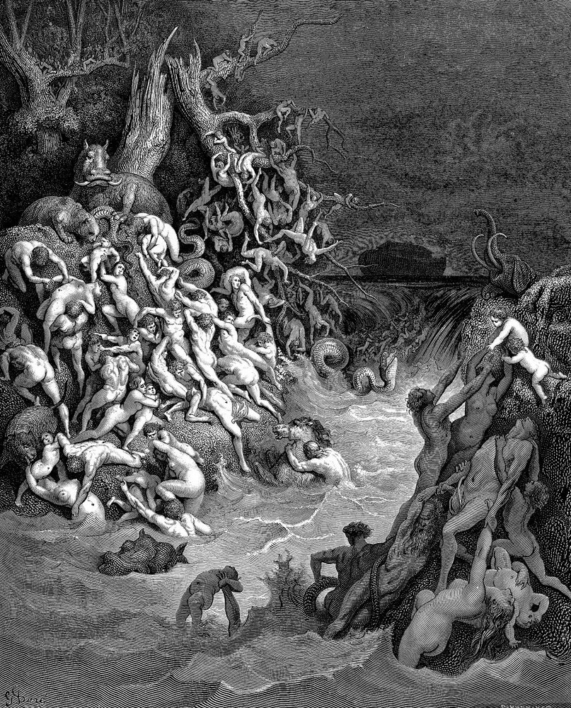 SKETE DET? – Der er mange måder at forholde sig til teologien på, fra det tekstnære til det mere abstrakt fabulerende. Det giver konflikter på de statsunderstøttede teologiske uddannelser. Billedet er Gustave Dorés version af syndfloden, altså den første, ikke den, vi kan imødese.
