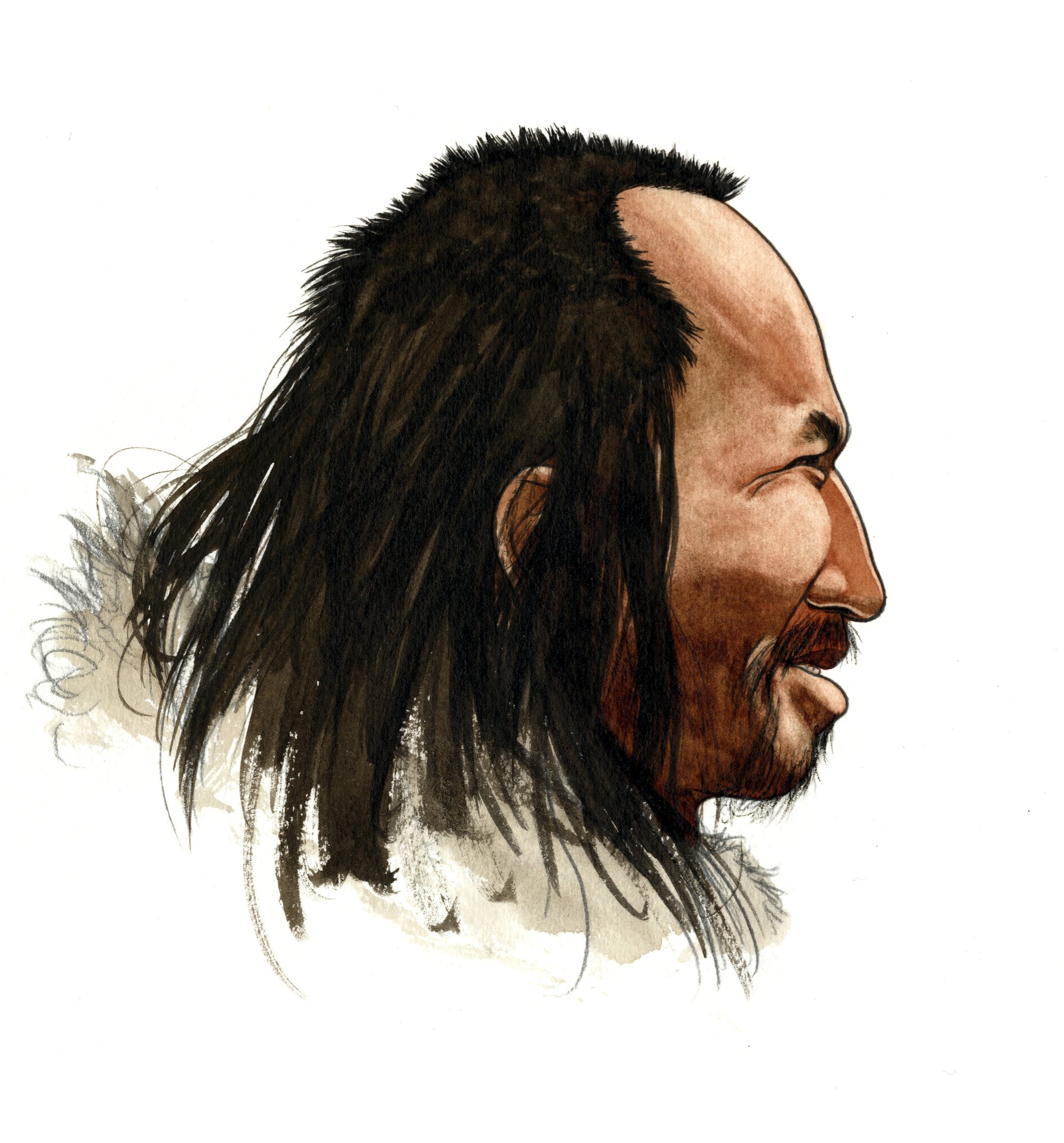 TRENDY - Fortidsmanden Inuk er her gengivet i kunstneren Nuka Godtfredsens streg med frisure efter tysk vokuhila-tilsnit (vorne-kurz-hinten-lang). Gode ting går aldrig helt af mode.