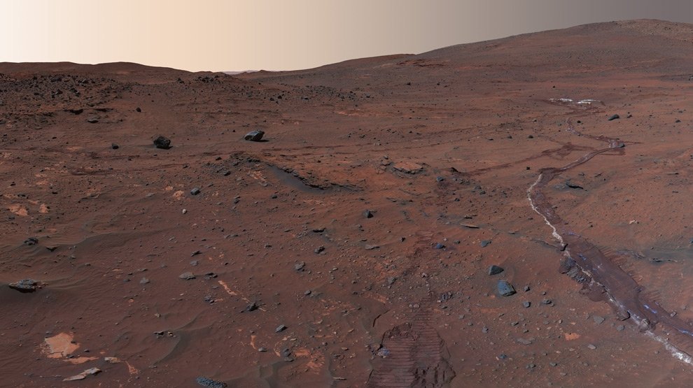 Tracks of Spirit Rover, an unmanned craft sent to Mars