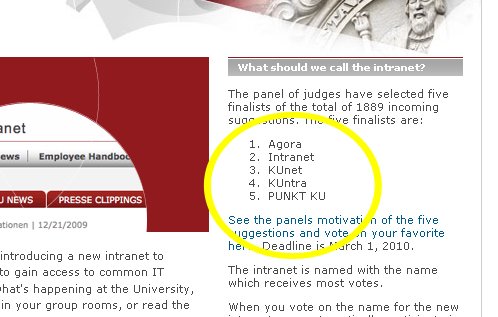 The top five names for the new intranet, out of 1889 suggestions. 