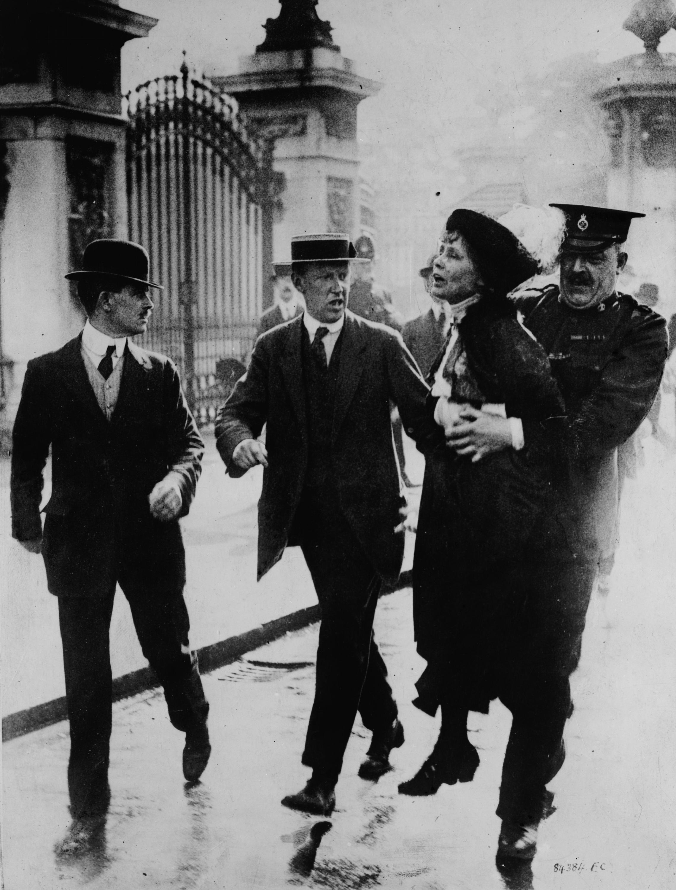 Feminist Emmeline Pankhurst being arrested in 1908