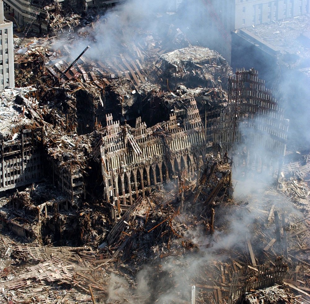 An aerial view of the collapsed World Trade Center 7 building following the terrorist attacks on 11 September 2001