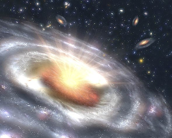 An artist's concept of a growing black hole, the centre of a quasar in a faraway galaxy 