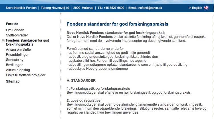 ETIK - Udklip af Novo Nordisk Fondens etiske retningslinjer, som modtagere af fondsmidler skal skrive under på at efterleve.