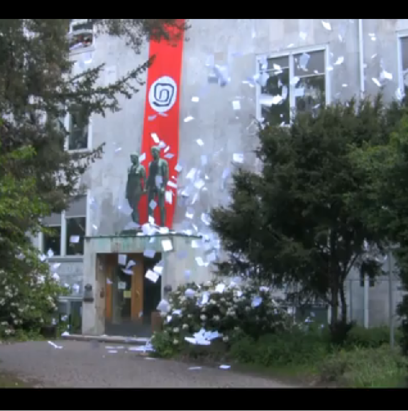 Department under attack. Screen shot from a recent comedy video take on the war film 'Der Untergang', starring the Department of Computer Science