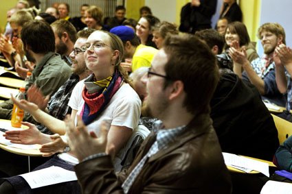 Students discussed protest plans in the university's Alexandersalen