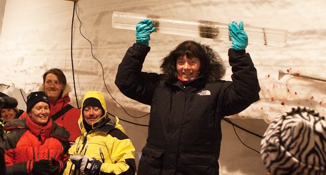 Dorthe Dahl-jensen celebrates as the NEEM project reached the bottom of the Greenland Ice Sheet at a depth of 2537.36 metres