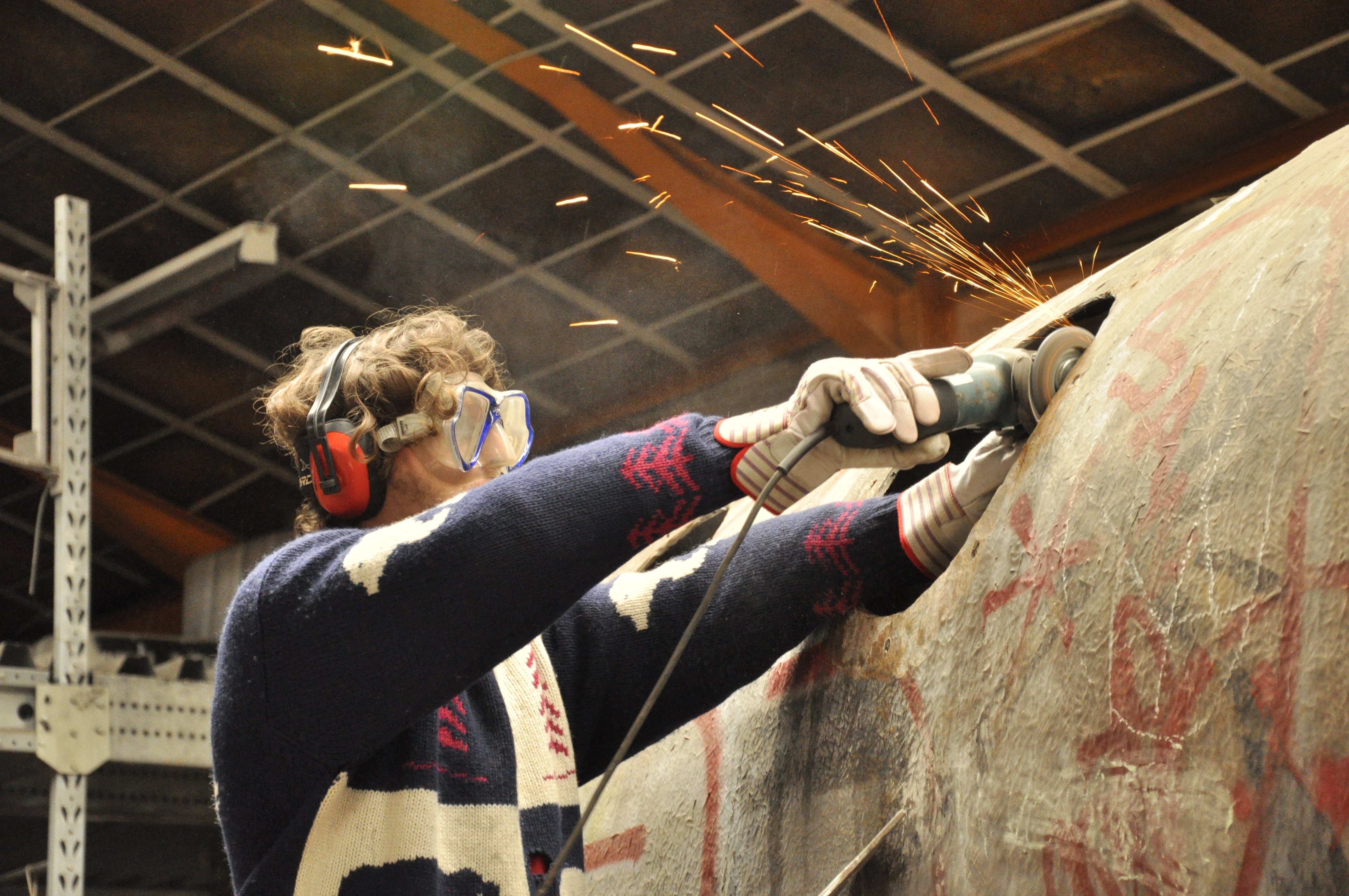 Kasper Bjørnson welds the hull of the Floating City catamaran