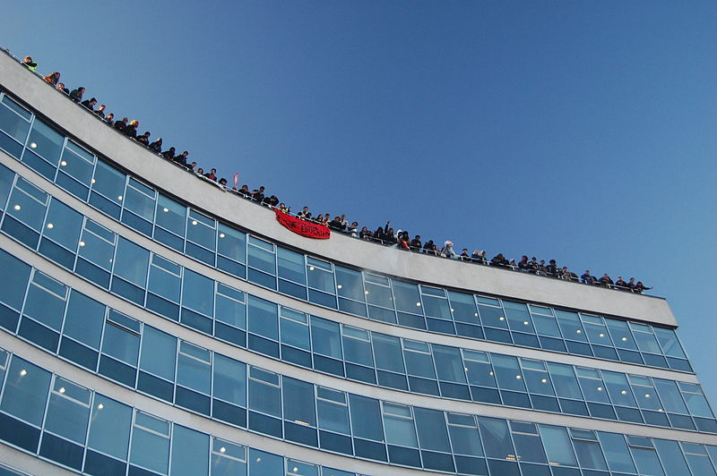 Protesters at the student protest in London, on the roof of 30 Millbank.