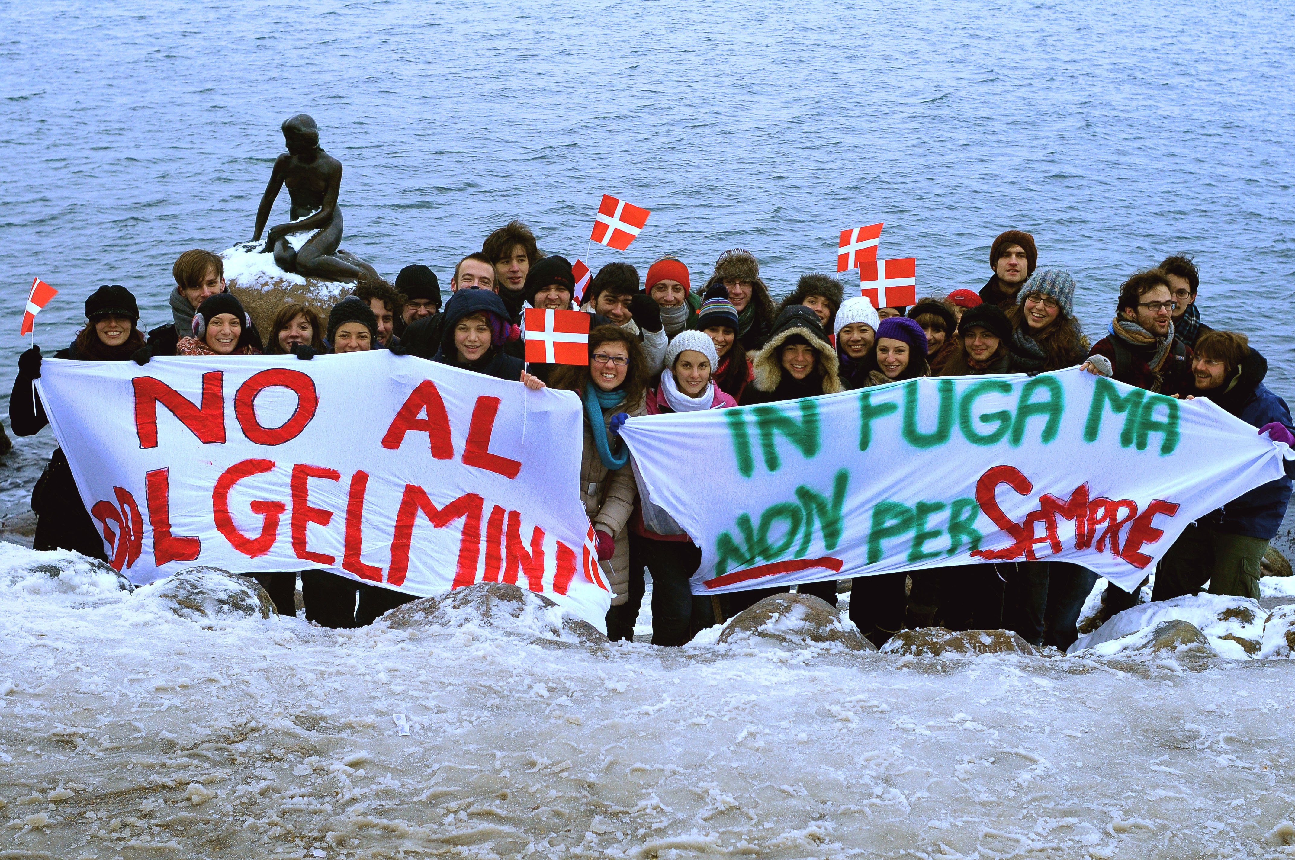 Italian Erasmus students in Copenhagen brave the cold to take a protest picture by the Little Mermaid.