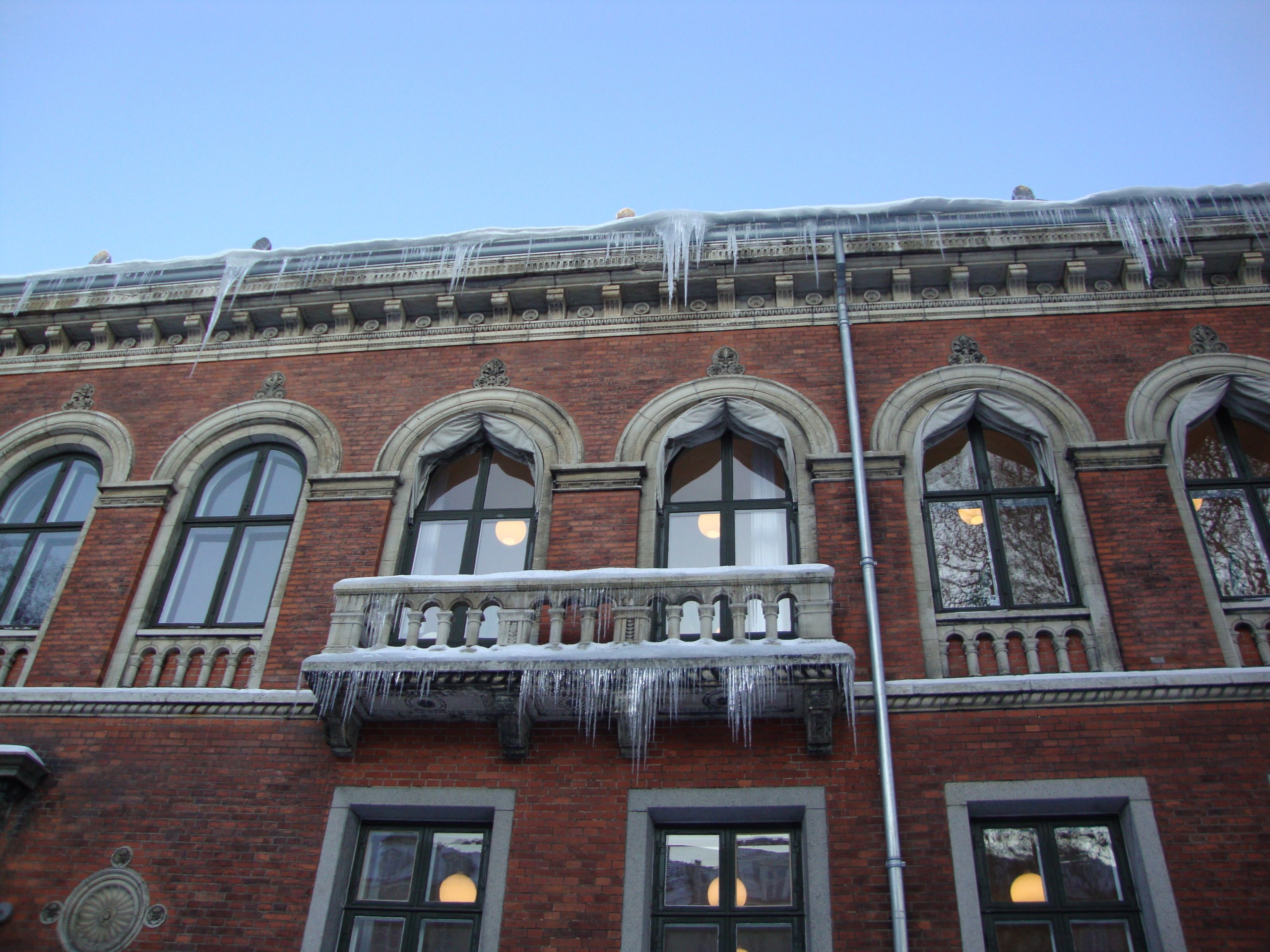 Ice stalagtites clinging from the roof of the Social Science library 