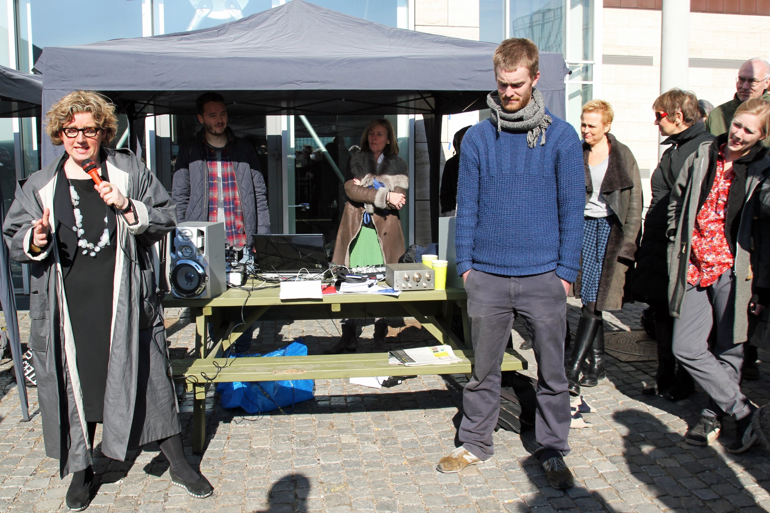 The Minister of Science Charlotte Sahl-Madsen (left) suddenly turned up and entered into a debate with upwards of 50 angry student protesters