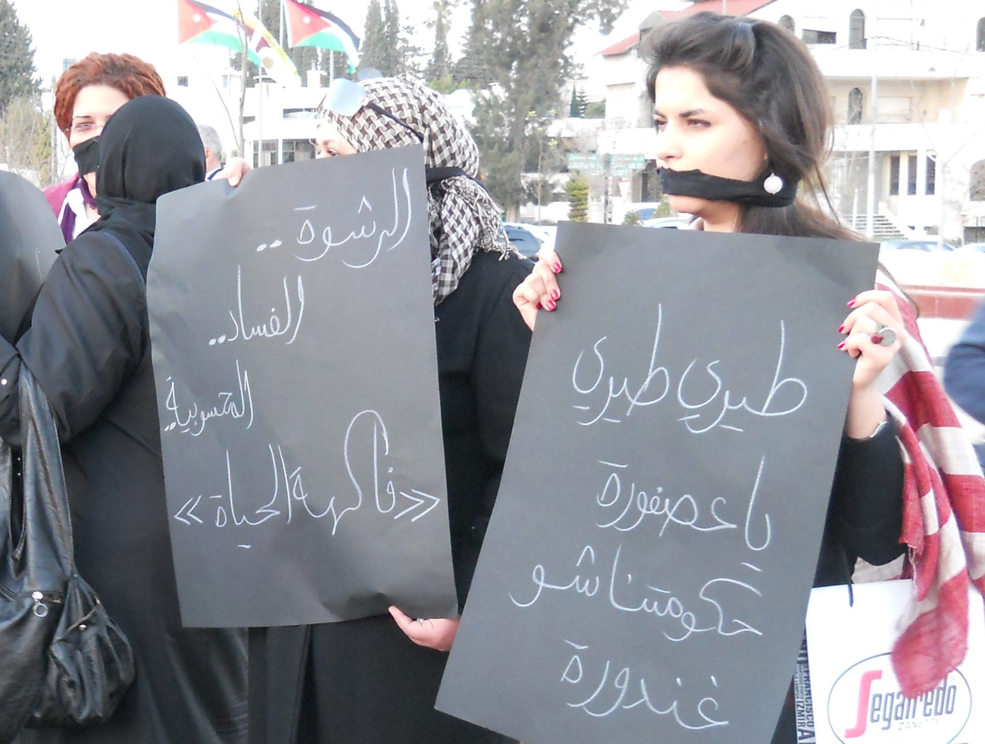 DEMO - Jordanske demonstranter foran statsministerens hus. Deres skilte er en sarkastisk hyldest til regimet.