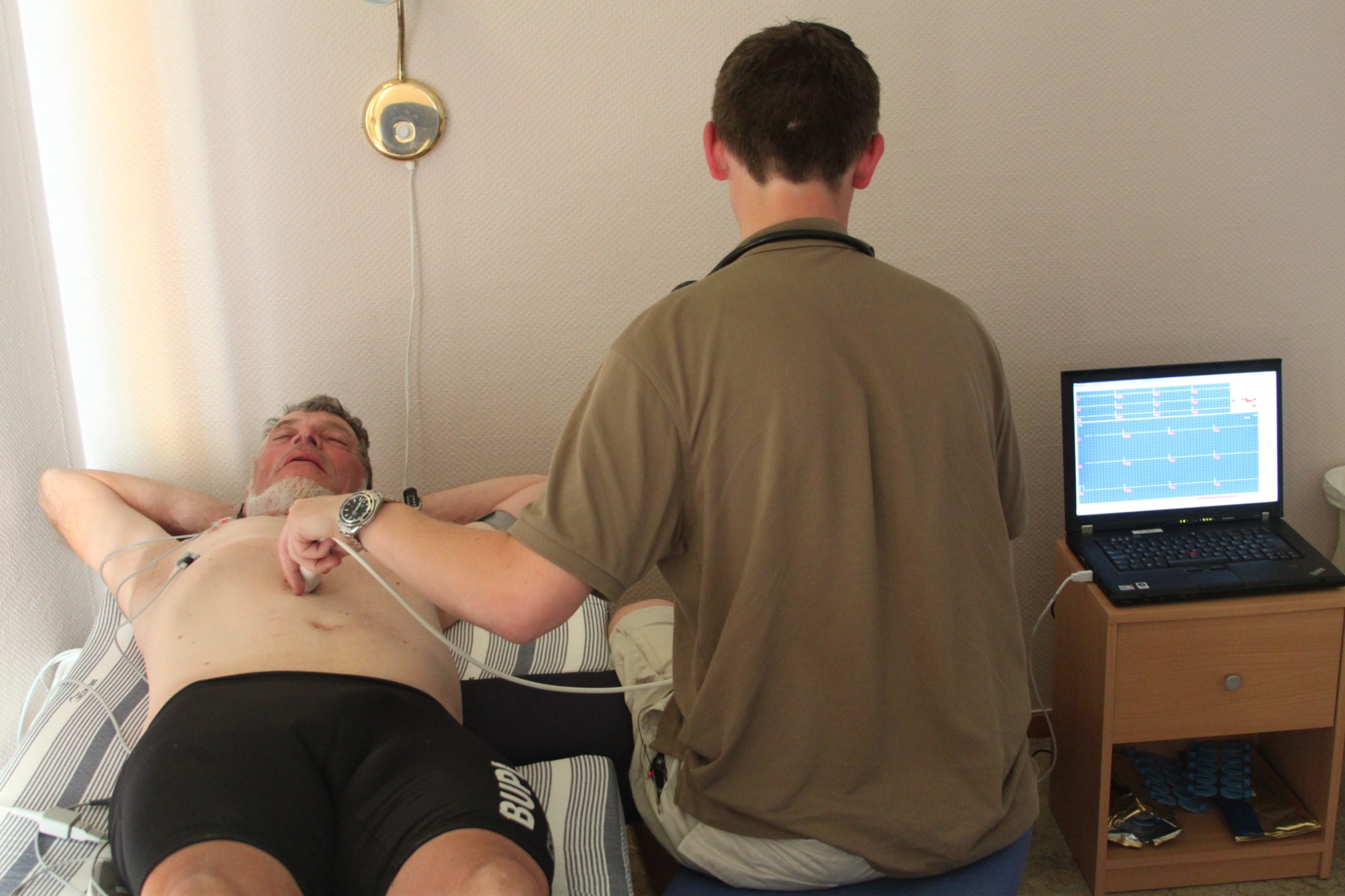 One of the riders undergoing tests at the end of 150 hours of cycling