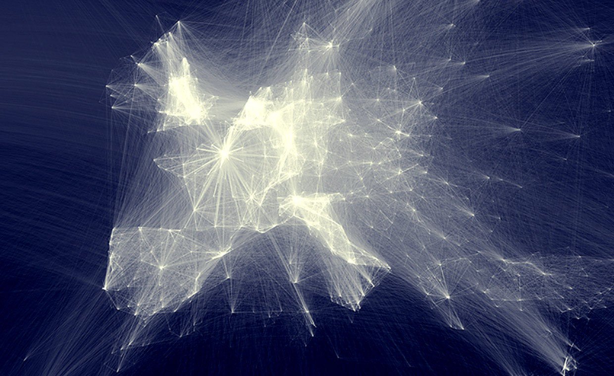 The online map shows scientific collaborations between universities throughout the world. Europe and the University of Copenhagen (at top, towards the centre) can be seen on the above screenshot