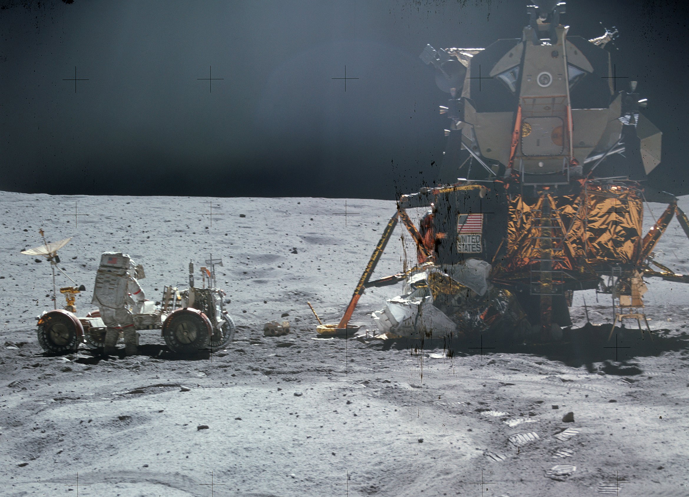 Apollo 16 landing module Orion with astronaut John W. Young working at the Lunar Rover in 1972. The rocks collected on this mission have now led to new insights