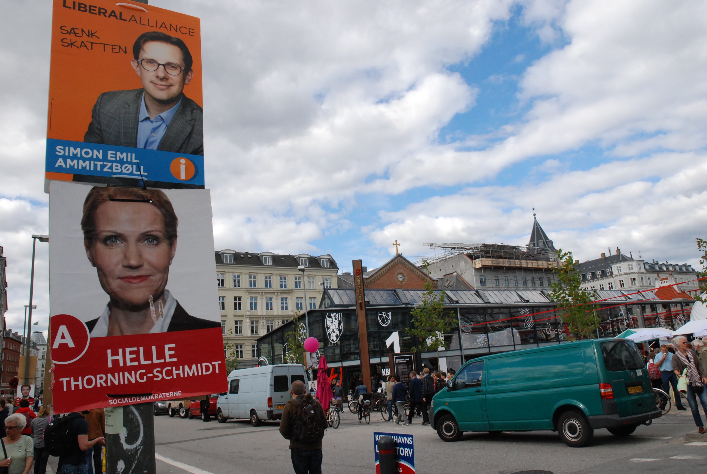 Posters for Emil Ammitzbøll, Liberal Alliance, and Helle Thorning-Schmidt, Social Democrats in Copenhagen Friday