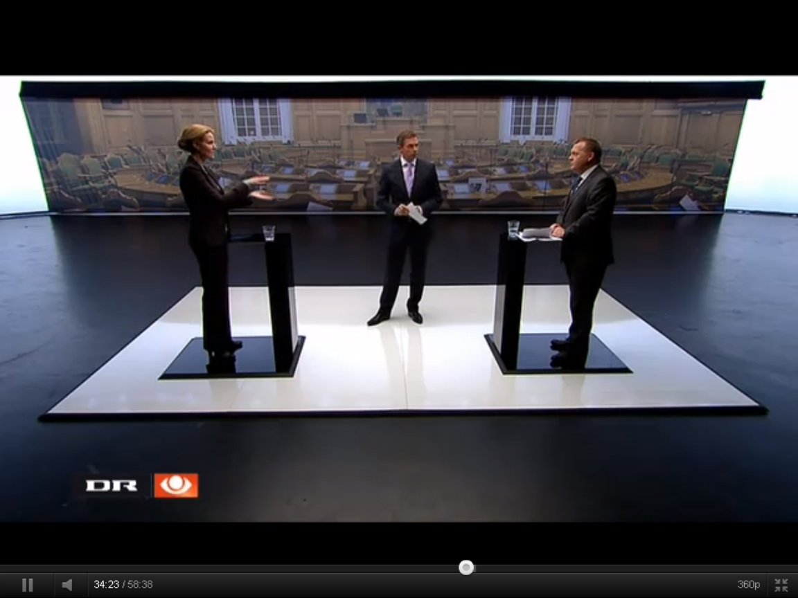 Helle Thorning-Schmidt (left), Social Democrat,  and Lars Løkke Rasmussen (right), Liberal Party at a political duel on Danish national TV station DR. They are both aspiring to be the next Prime Minister