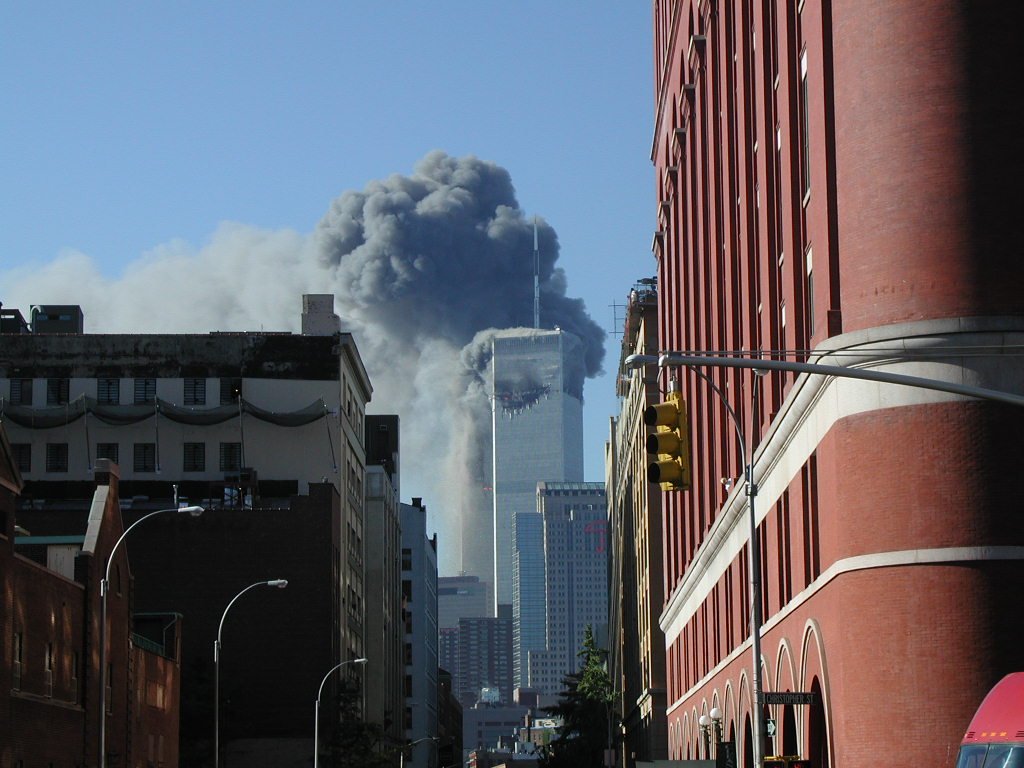 World Trade Centre is hit by the second plane. Shot taken from Greenwich Street, New York September 11, 2001