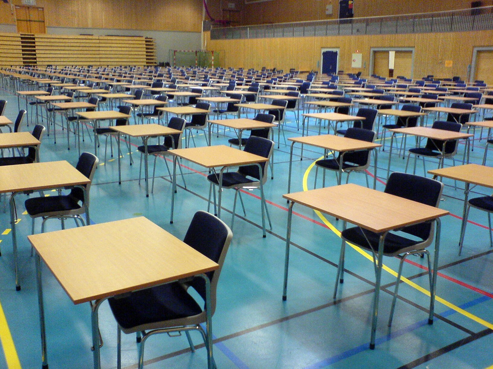 Tables and chairs ready for Norwegian, EU, and non-EU students's free-of-charge final exam at University of Science and Technology in Trondheim, Norway
