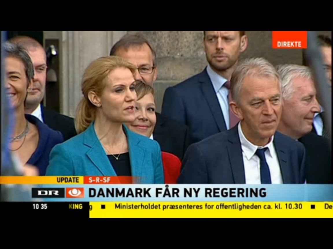 Margrethe Vestager (left), Helle Thorning-Schmidt (centre) and Villy Søvndal (right) as the new government was presented today Monday