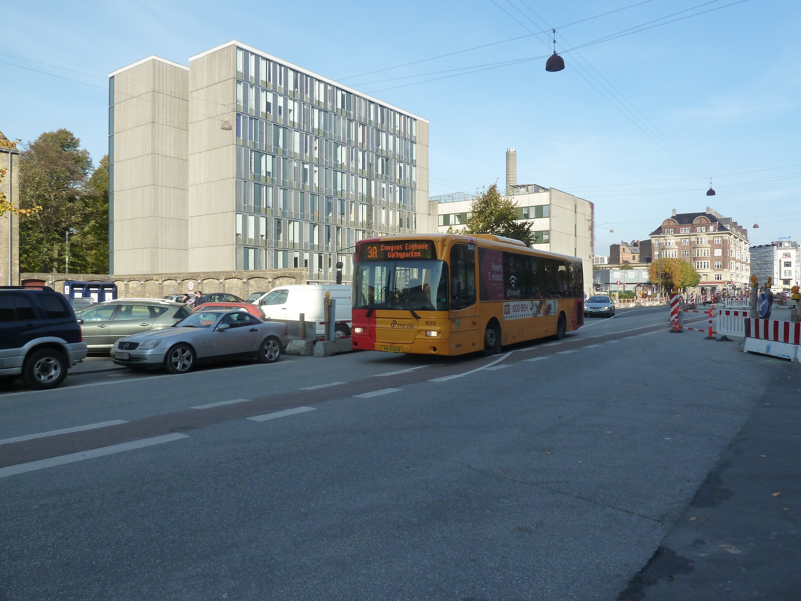 Bus on Blegdamsvej, Copenhagen. More investment in buses and train tickets, not extra charge on motorists