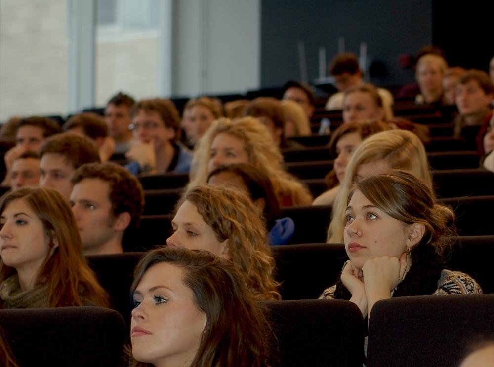 International students at a recent orientation meeting. They are swing voters in the upcoming university elections
