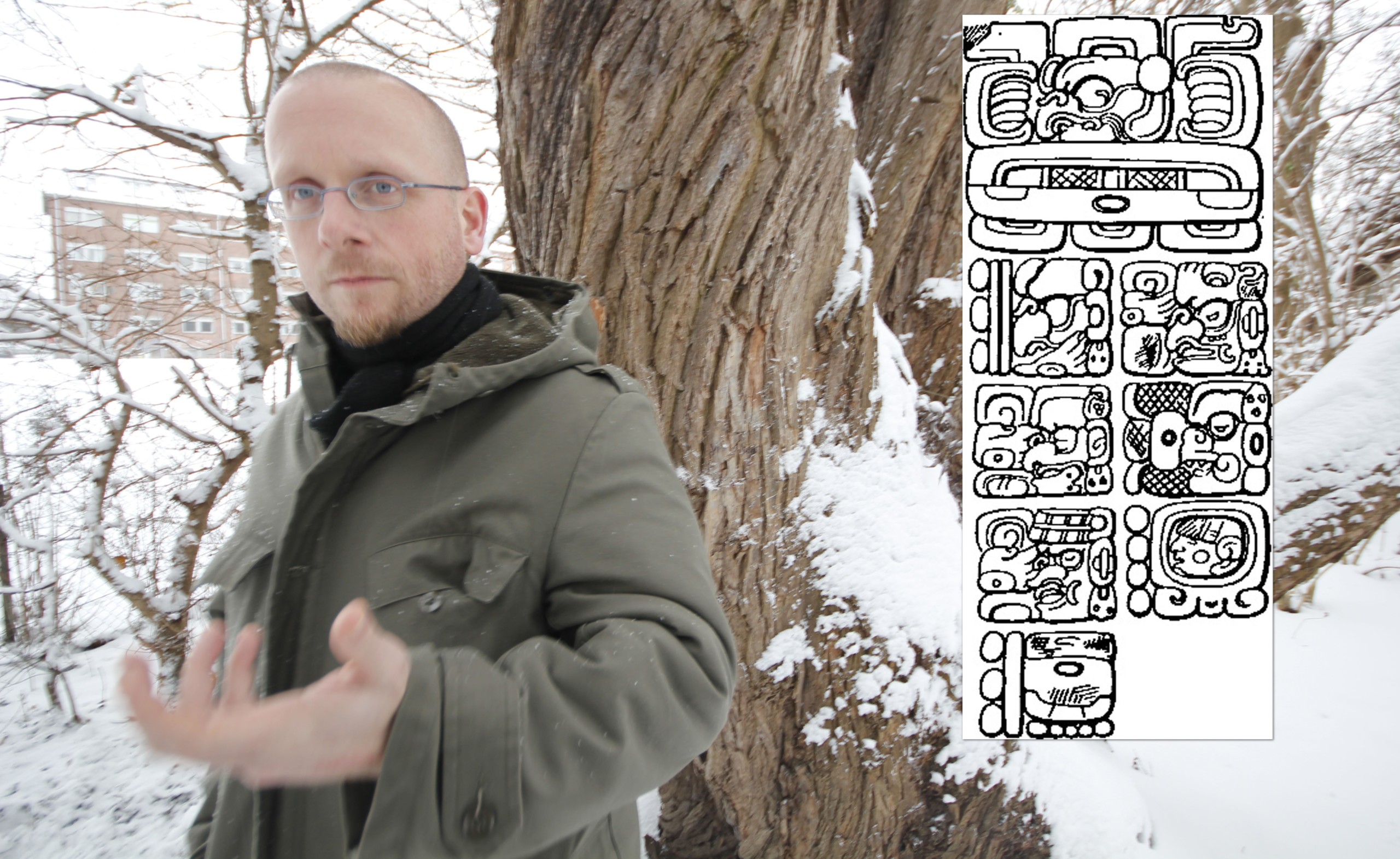 Jesper Nielsen in deepest Danish winter while talking about the Maya calendar. The weather here is more in line with the Vikings' conception of an 'end of days', he says to the University Post: 'A winter that never ends'. Inset: Inscription in the Mayan Long Count on the east side of Stela C from Quirigua showing the date for the last Creation.