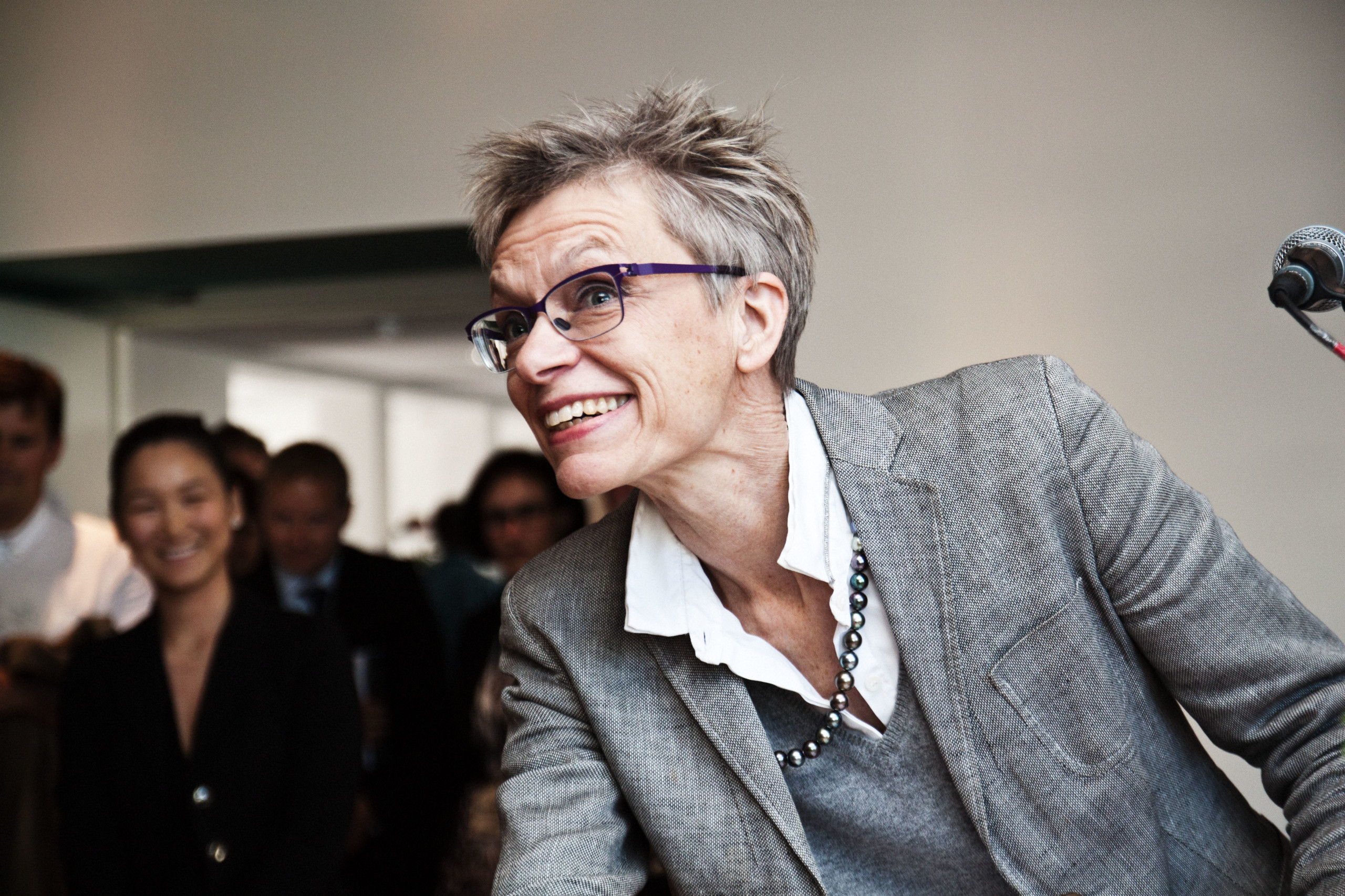 Dean of the Faculty of Health and Medicine Ulla Wever shares a fun moment with the hundred or so guests at the grand opening of the International House