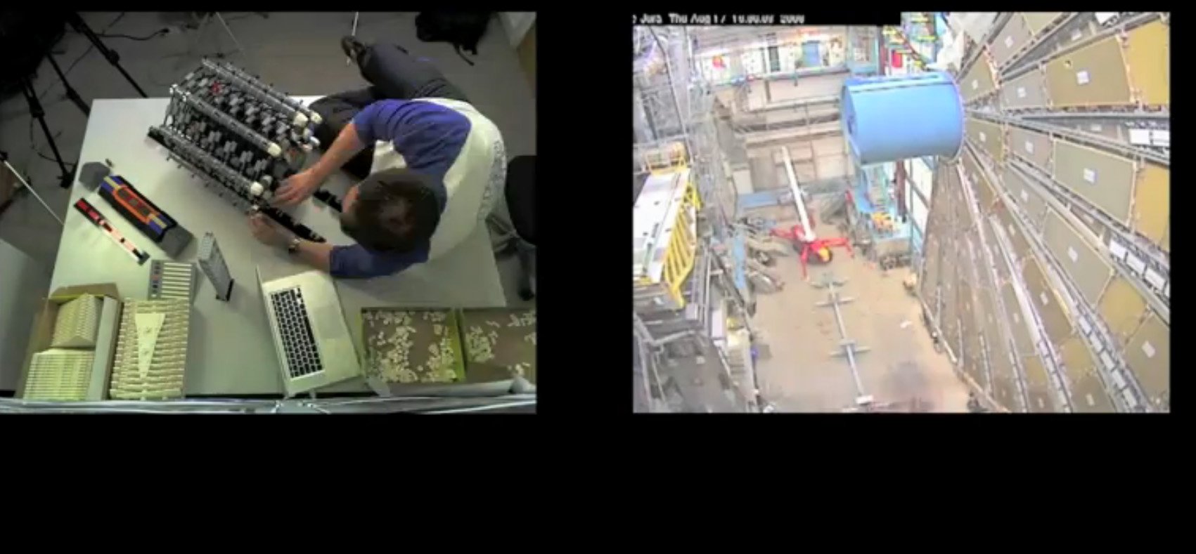 A screenshot from a time lapse series of the building of the Atlas dector of the Large Hadron Collider (right) and the larger original Lego model (left) being assembled by Sascha Mehlhase. The smaller model, that may soon be available is scaled down to only 560 pieces