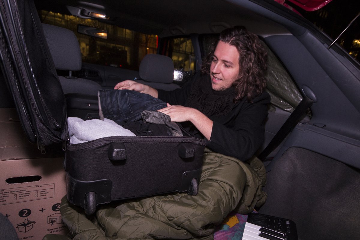 Casper lives out of bag with the bare necessities - some clothes and a stock of canned food. Everything else is in storage.