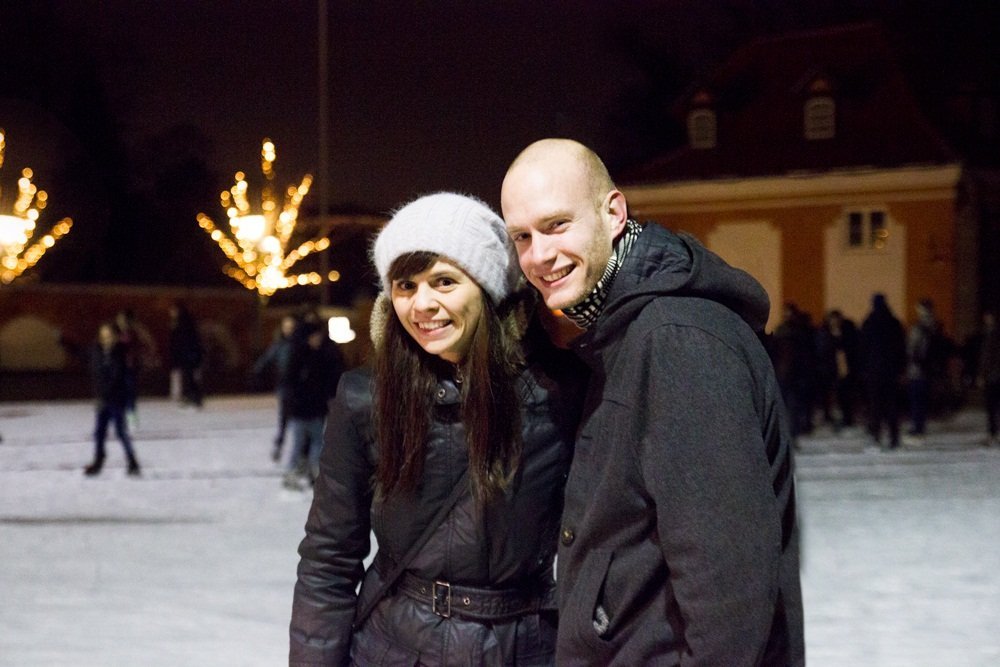 Budding figure skaters Signe and Albert relaxing after their performance on ice. 
