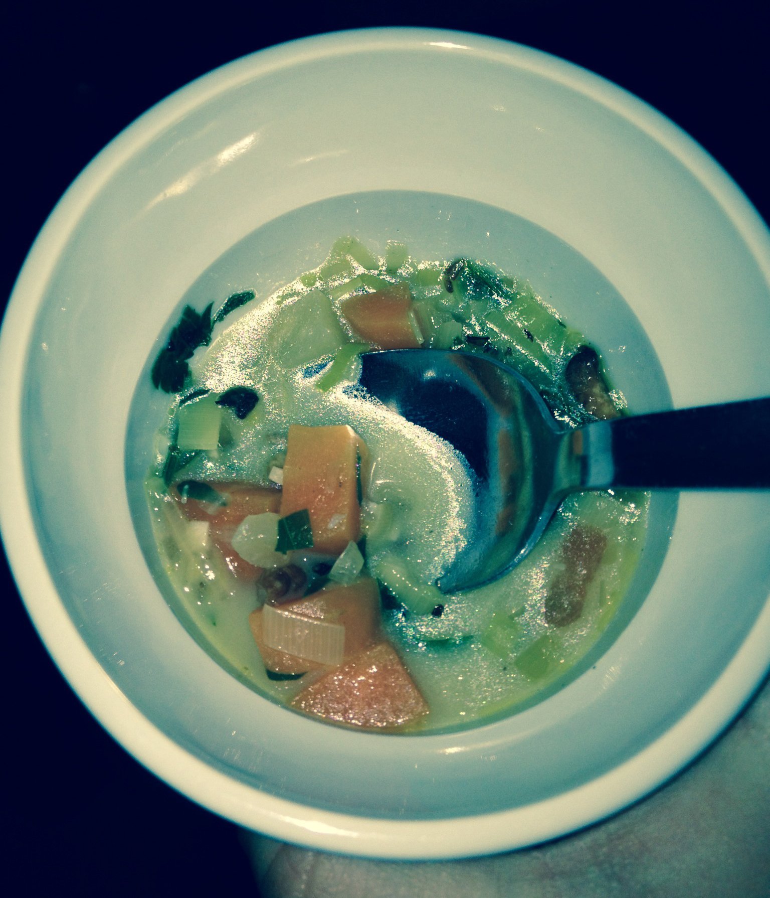 VARM OG GOD - Her ses bilarvesuppen med grøntsager. Det er muligt at ane en bilarve både til højre og venstre i skålen. De studerende, Uniavisen mødte, mente, at både smag og konsistens mindede om kylling.