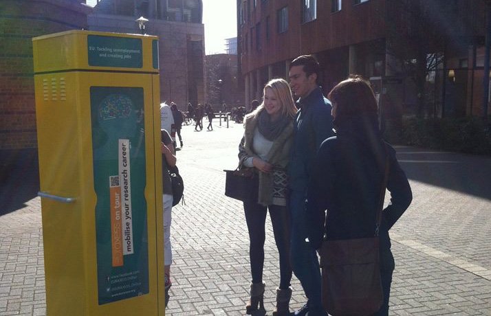 The Euraxess photo booth (for CV's) when it passed London. One of many elements packed into the Euraxess bus, and making the tour