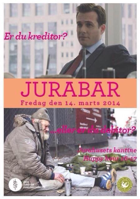 The poster's top half is a picture of the actor Gabriel Macht in his role as a lawyer in the TV series 'Suits'. The lower half has a real photo of a poor and old homeless man on the high street of Copenhagen. It says: 'Are you a creditor or a debtor?' and has since been replaced with a less inflammatory version