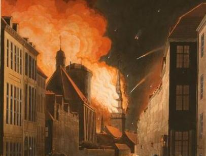 Danish painter C. W. Eckersberg’s painting of the spire of the Church of Our Lady on fire after the British attack in 1807