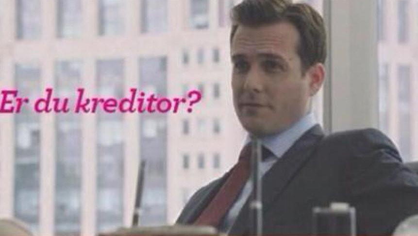 The poster's top half, a picture of the actor Gabriel Macht in his role as a lawyer in the TV series 'Suits'. The lower half is a real photo of a poor and old homeless man on the high street of Copenhagen. It says: 'Are you a creditor or a debtor?'