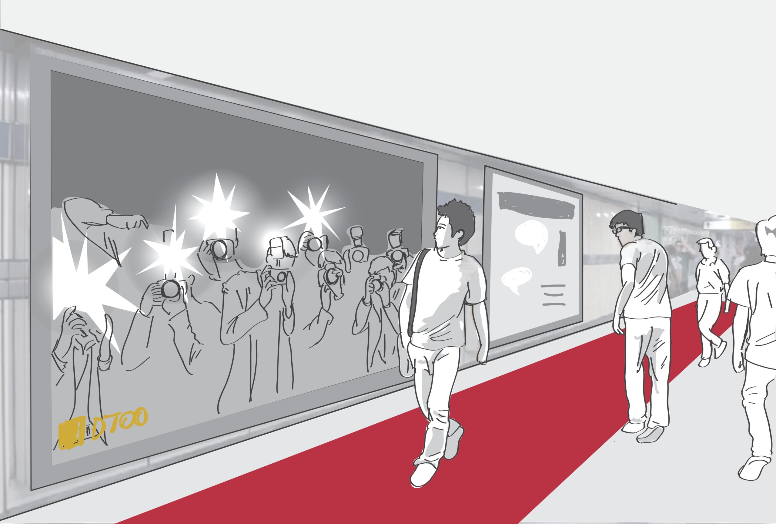 A Nikon billboard at a busy Korean subway station with life-size images of paparazzi, apparently competing for the attention of the passing commuters. When people pass, lights flash to simulate flashing cameras. In front of it, a red carpet leads to the Nikon store