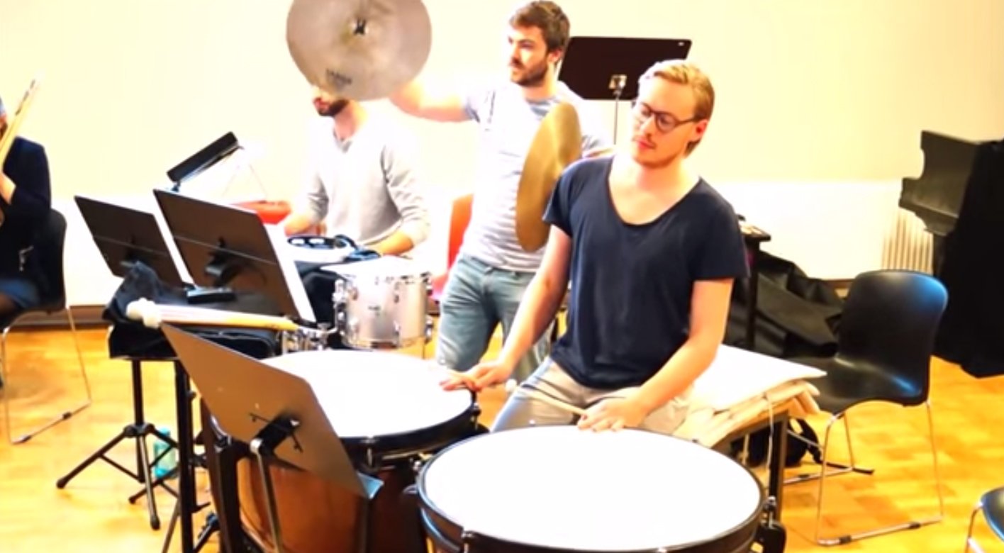 Screenshot of Symfuni's campaign video. The timpani are the round drum things at the bottom of the picture