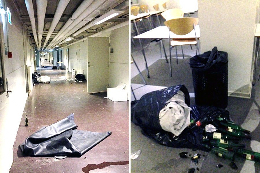 Rengøringsfolkene er angste for, hvad der venter dem af svineri, når de møder på arbejde om mandagen, efter de studerende har holdt spontane fester i weekenden. Her billeder fra Center for Sundhed og Samfund. 