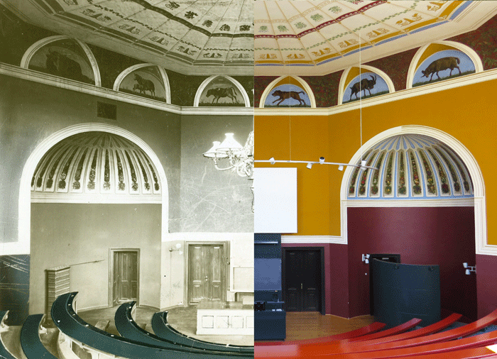 The main lecture hall at Landbohøjskolen then and now. Collage of a photo by Christine Hebert and and a photo courtesy of the SCIENCE photo archive