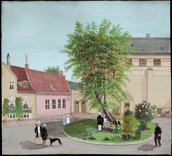 Painting from 1850 of the inside of the university courtyard, facing the newly reconstructed church. Courtesy of the University of Copenhagen picture archive