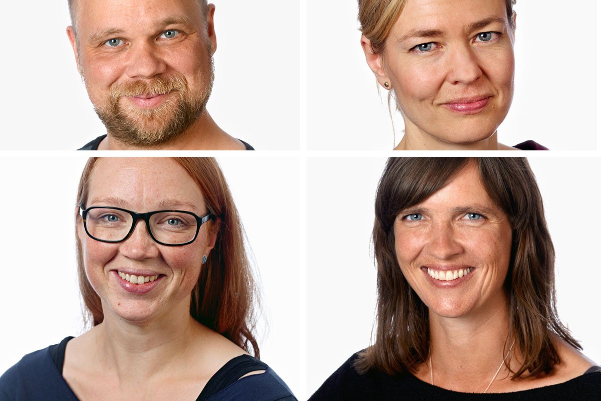 Department of Nordic Research. Janus Spindler Møller, far left, Pia Quist, far right, Malene Monka, bottom-left and Marie Maegaard, bottom-right, are protesting budget cuts at the Department of Nordic Research (NFI).