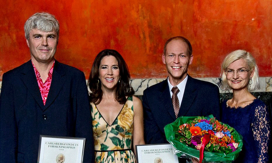 From left to right: Tobias Holck Colding, Crown Princess Mary, Morten Broberg  and Ulla Tørneas,, the Minister for Higher Education and Science. 