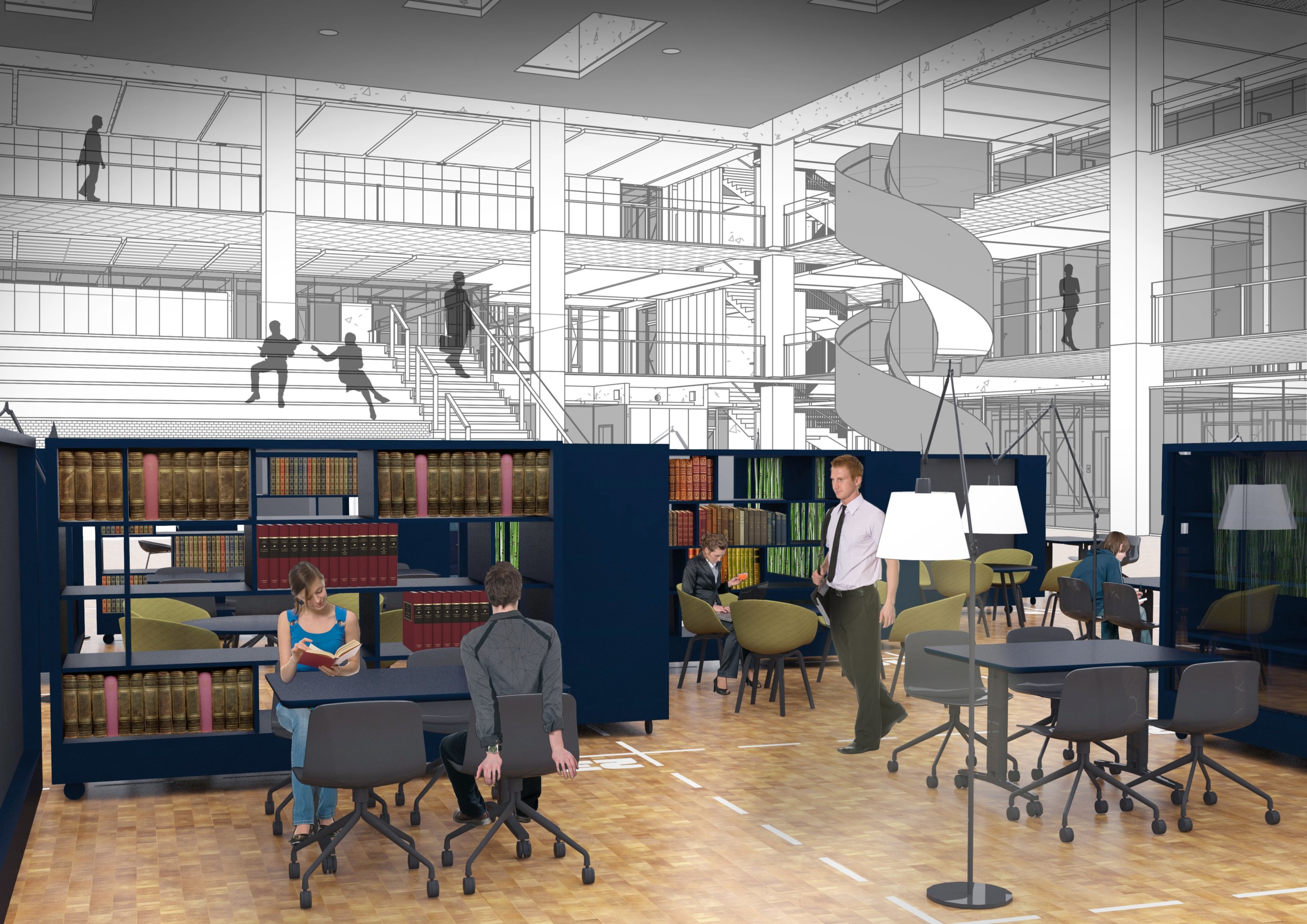 INDRETNING - En blanding af store, åbne rum og små, skærmede rum og en variation af møbler skaber plads til forskellige situationer. Fx er der i det centrale rum på Jura, 'Videncenteret', mobile sofaer, reoler og planter, som kan flyttes rundt og danne ramme om solo- og gruppearbejde, vejledning, pauser og sociale aktiviteter. 