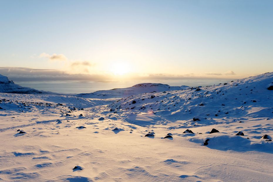  The sun rises slowly over Baffin Bay and the glacier behind the Arctic Station on Disko Island in Greenland in late October. There is not much warmth radiating from it, even at its highest point on a cloud-free day