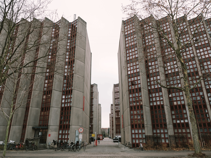 The dorm was built in the 70's and looks massive with its grey concrete walls. Photo: Adam Ronan. 