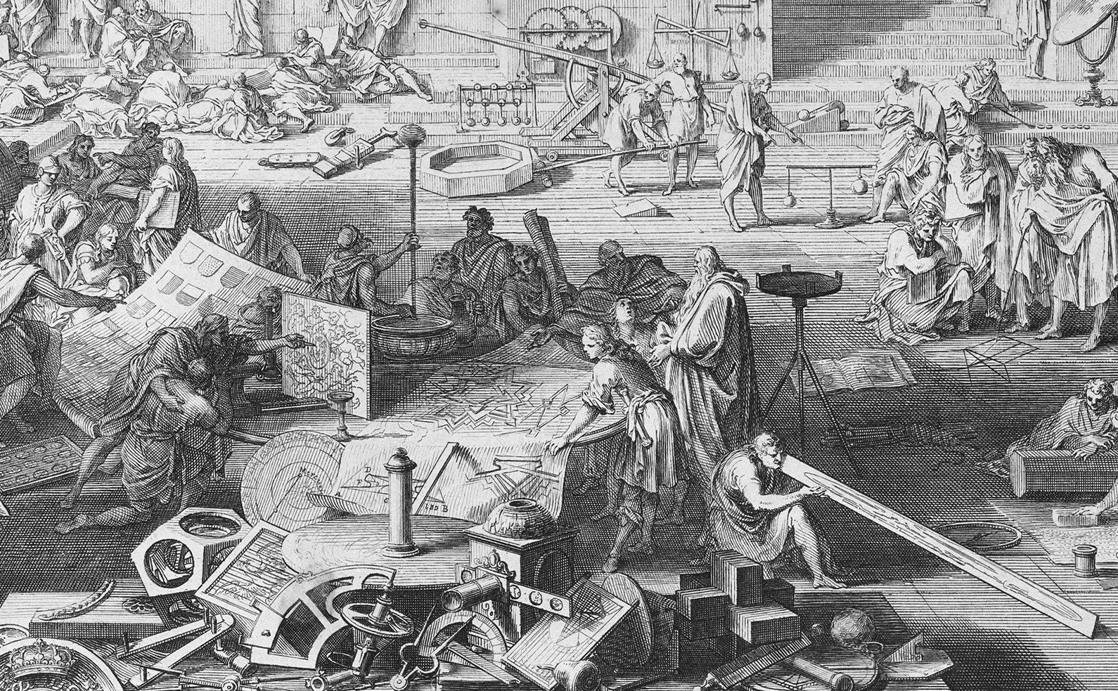 L'Académie des Sciences et des Beaux-Arts - billedet forestiller ikke ét specifikt uni, men er en samlet fremstilling af det 17. århundredes ideelle campusliv.